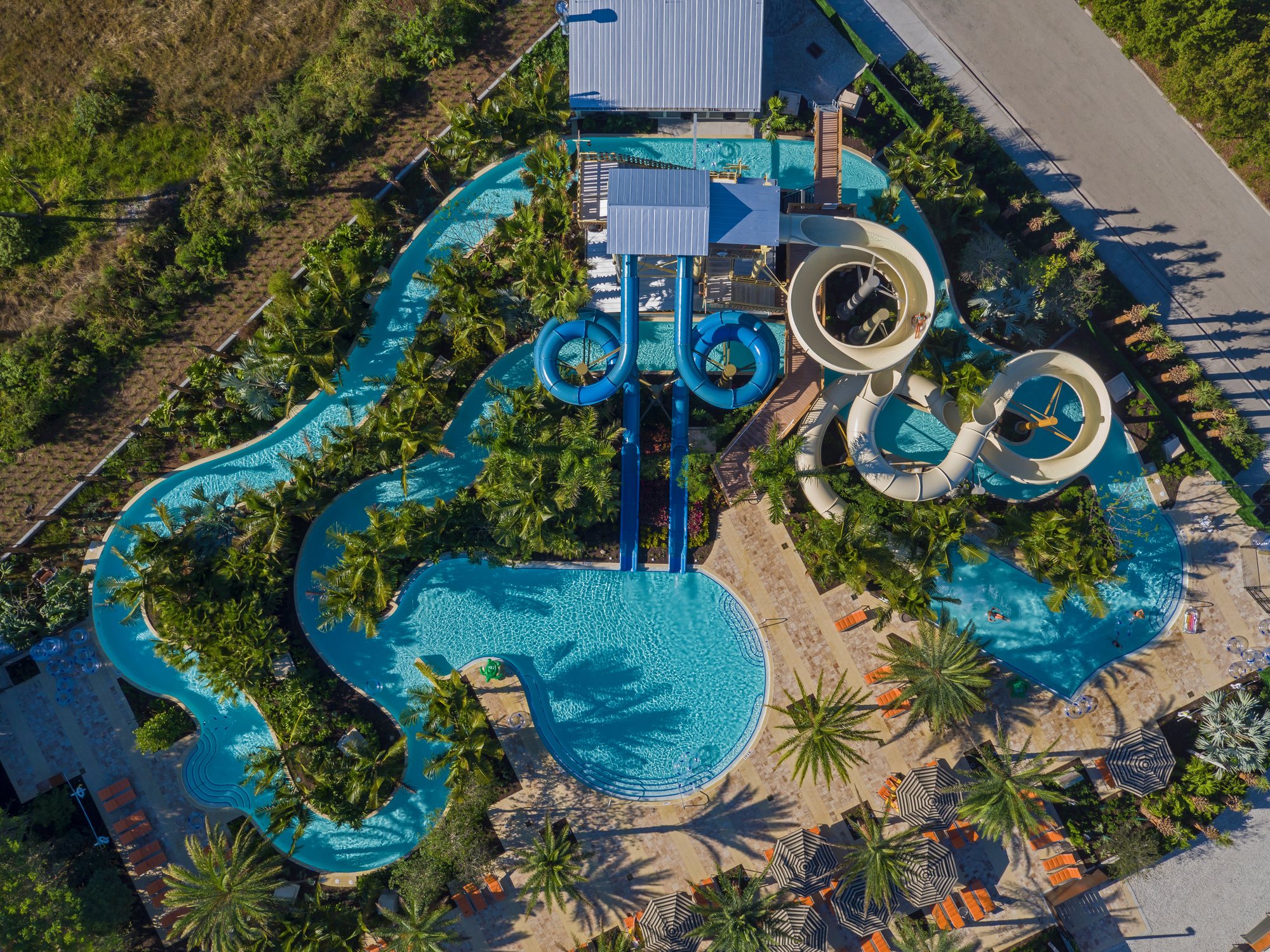 Aerial view of the pools, lazy river and water slides at Hyatt Regency Coconut Point Resort and Spa