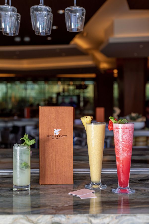 Mocktails and a JW Marriott menu on the bar at JW Marriott, Anaheim Resort